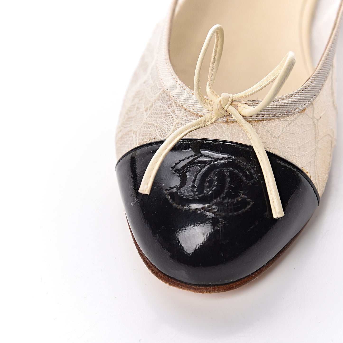 Lace Patent Calfskin Cap Toe CC Ballerina Flats 36.5 Off White Black
