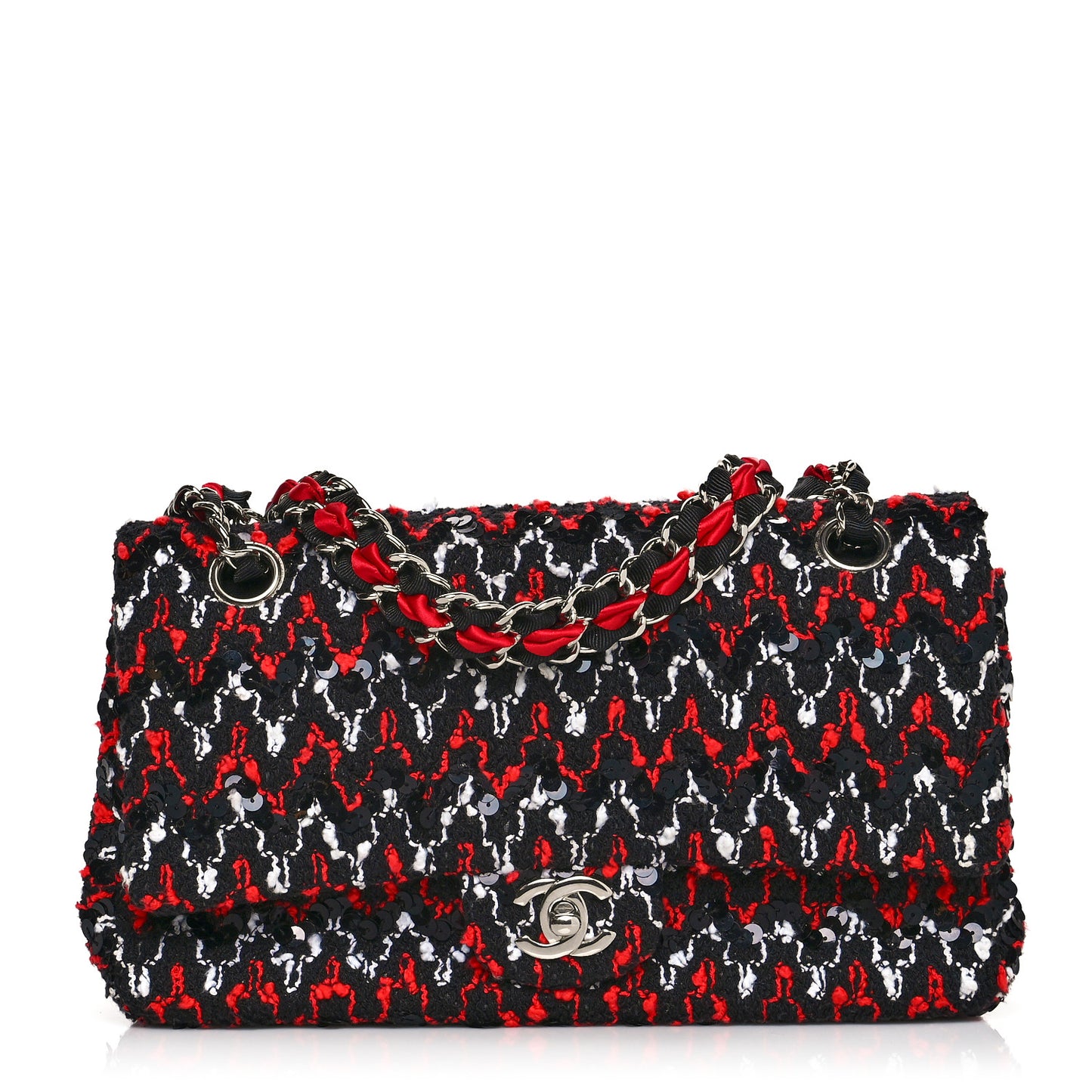 Tweed Sequin Medium Double Flap Black Red White