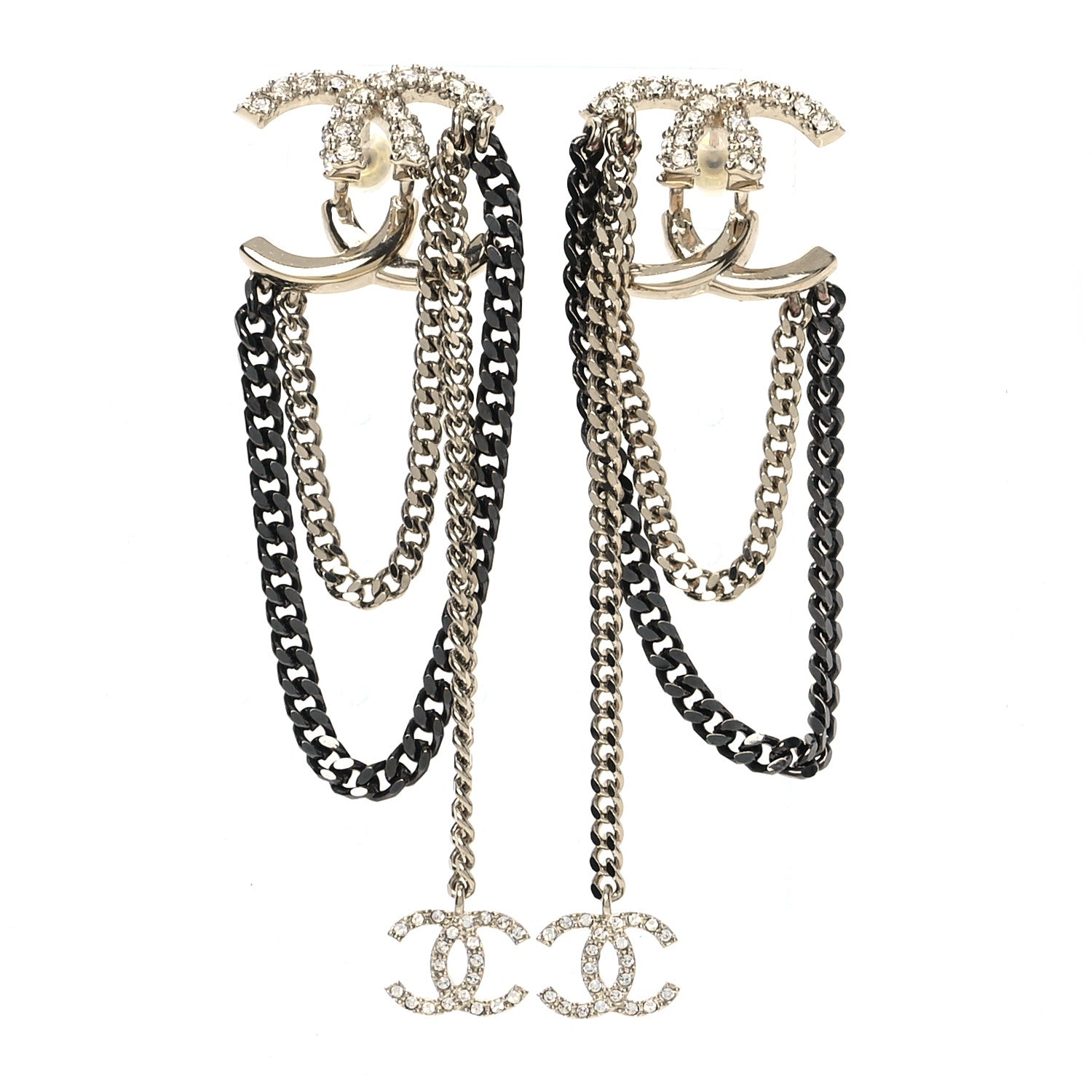 Chanel Crystal CC Drop Chain Earrings Gold Black 1 of 5