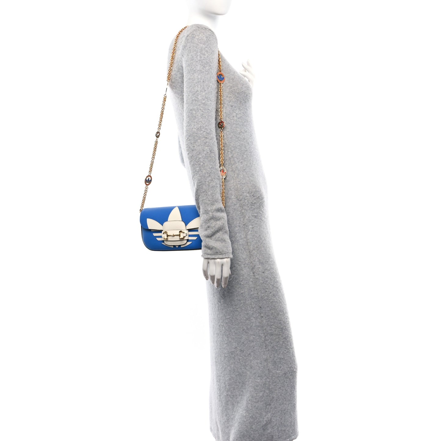 X ADIDAS Textured Dollar Calfskin Web Small Trefoil Horsebit 1955 Shoulder Bag Blue Off White
