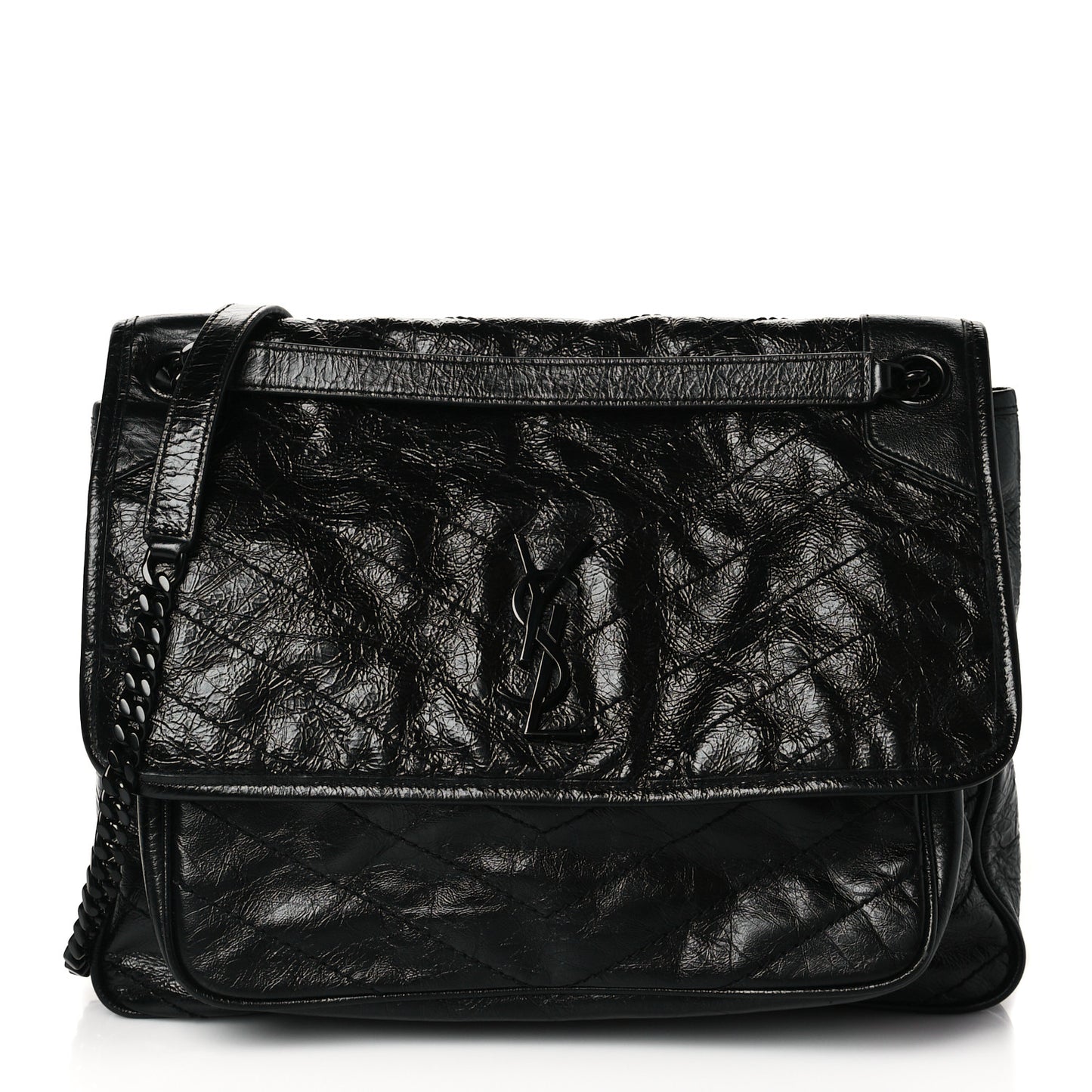 Crinkled Calfskin Matelasse Monogram Medium Niki Chain Satchel Black