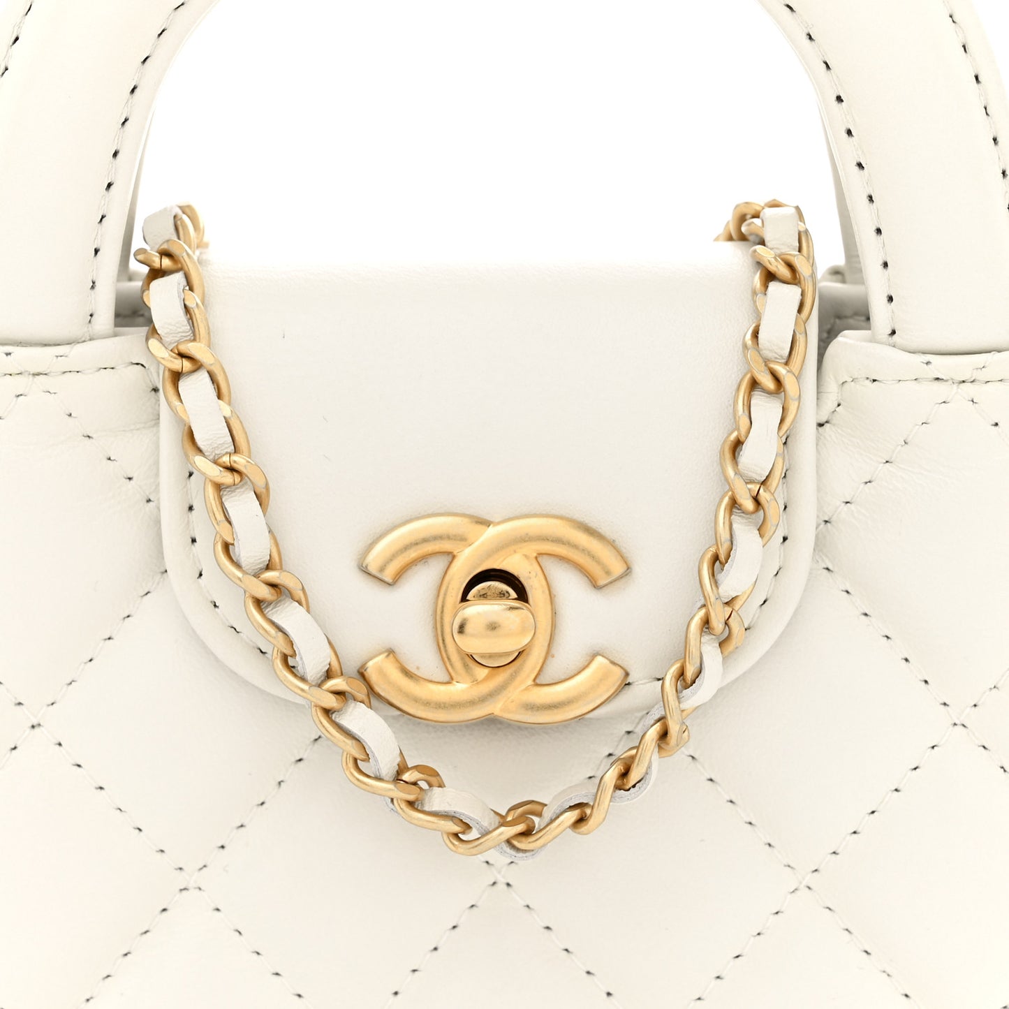 Shiny Aged Calfskin Quilted Mini Nano Kelly Shopper White