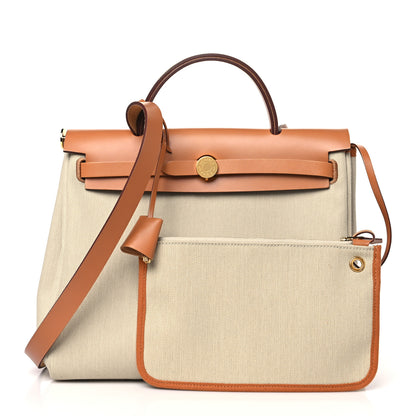 Hermes Military Toile Vache Hunter Herbag Zip Retourne 31 PM Beton Naturel 1 of 10