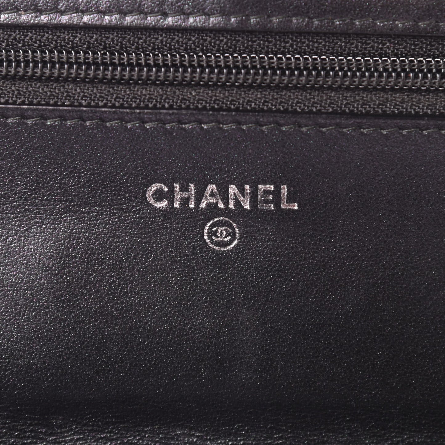 Patent Metallic Crumpled Calfskin Chevron Quilted Wallet On Chain WOC Black