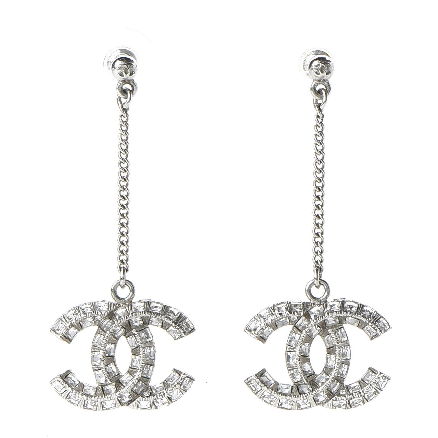 Baguette Crystal CC Drop Earrings Silver