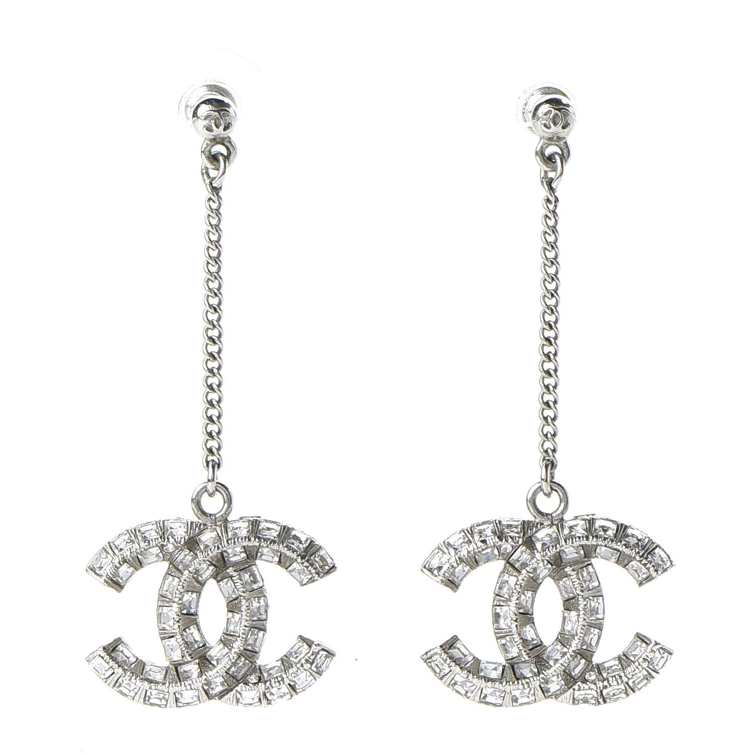 Chanel Baguette Crystal CC Drop Earrings Silver 1 of 3