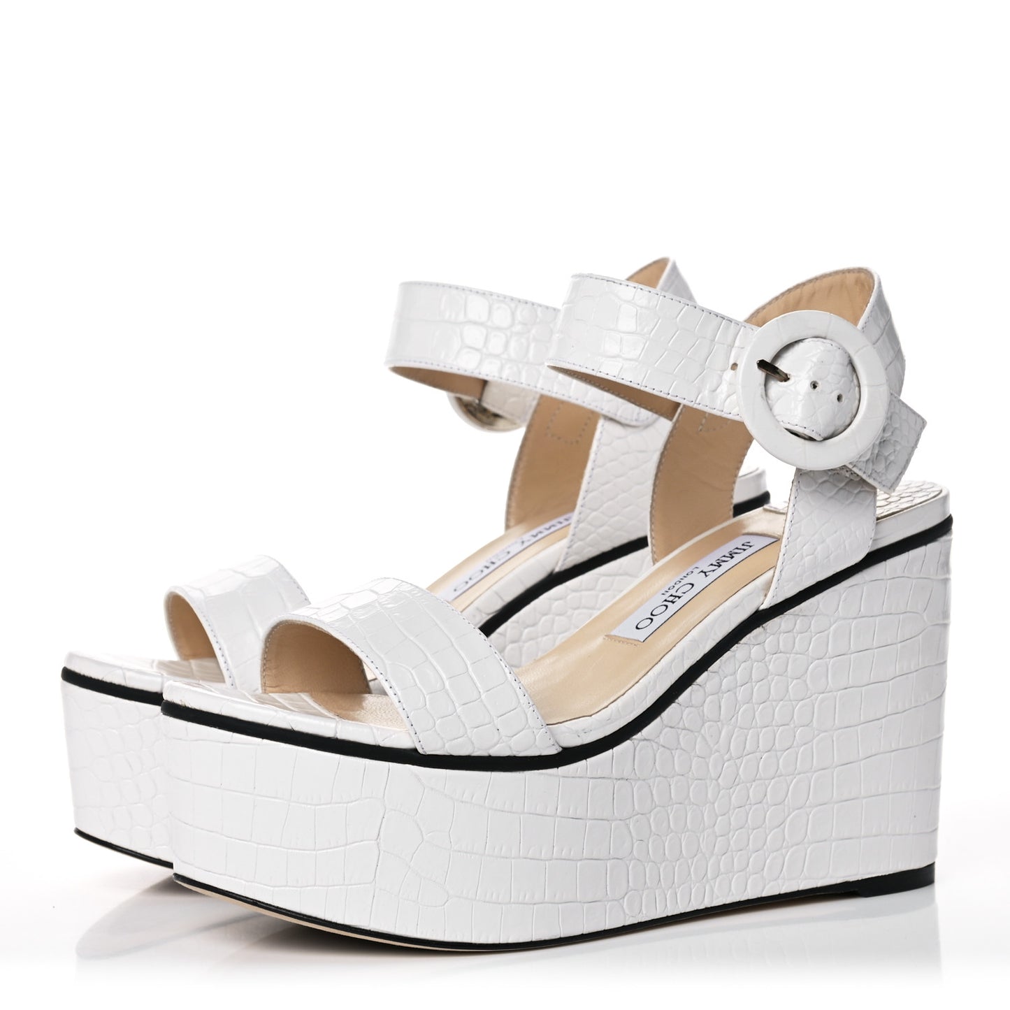 Crocodile Embossed Calfskin Abigail 100 Wedge Sandal 39 White