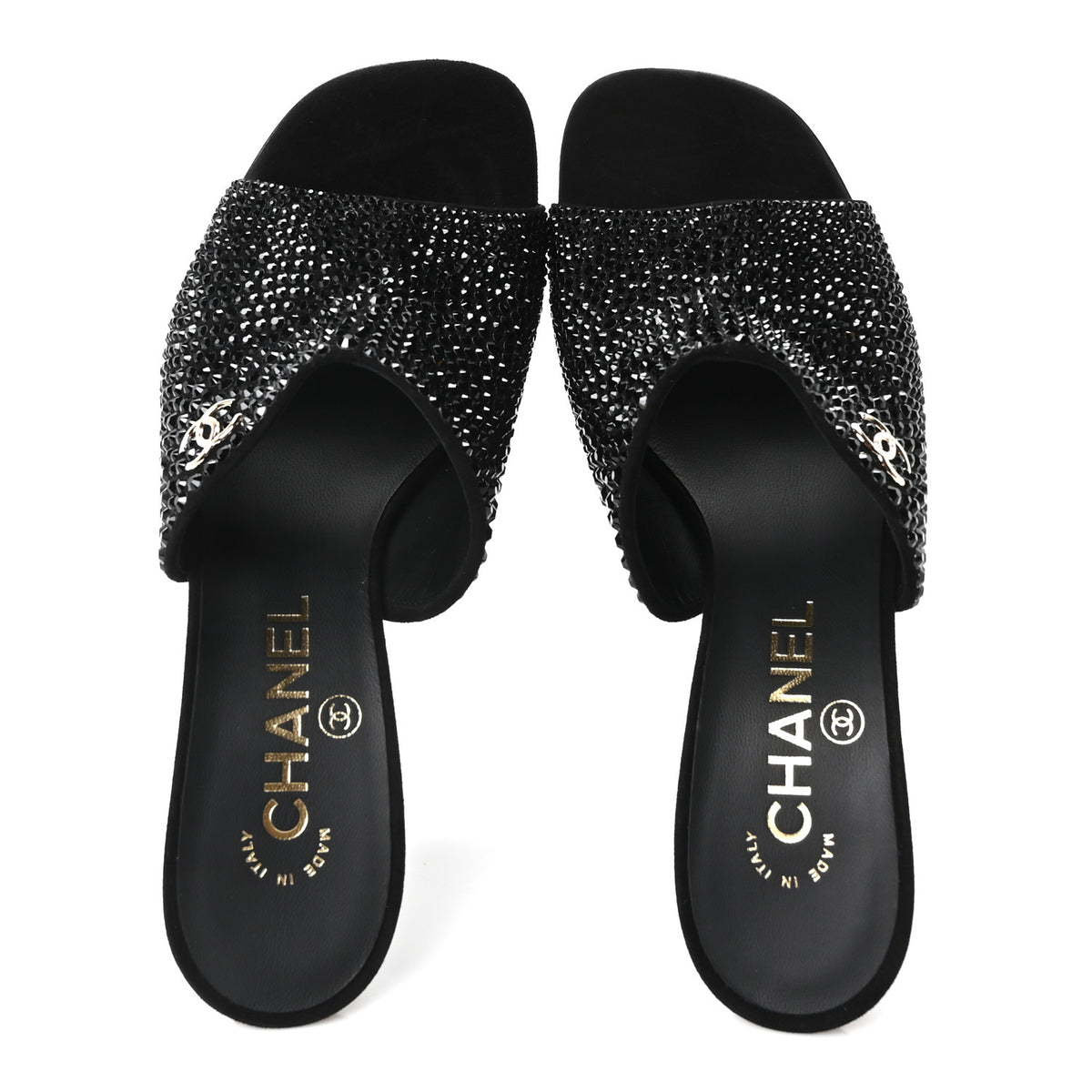 Chanel Crystal Strass CC Mules Sandals 36.5 Black 2 of 10