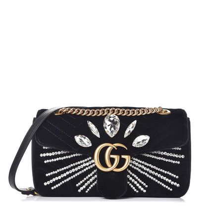 Gucci Velvet Matelasse Marquise Crystals Embroidered Small GG Marmont Shoulder Bag Black 1 of 7