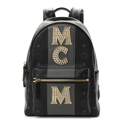 MCM Visetos Studded Small Studded Logo Stripe Backpack Black 1 of 8