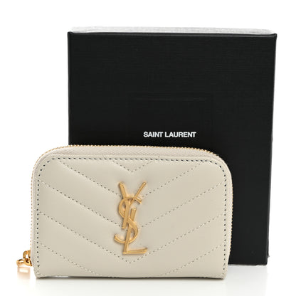 Saint Laurent Lambskin Matelasse Chevron Monogram Cassandre Compact Zip Around Card Wallet Crema Soft 7 of 7