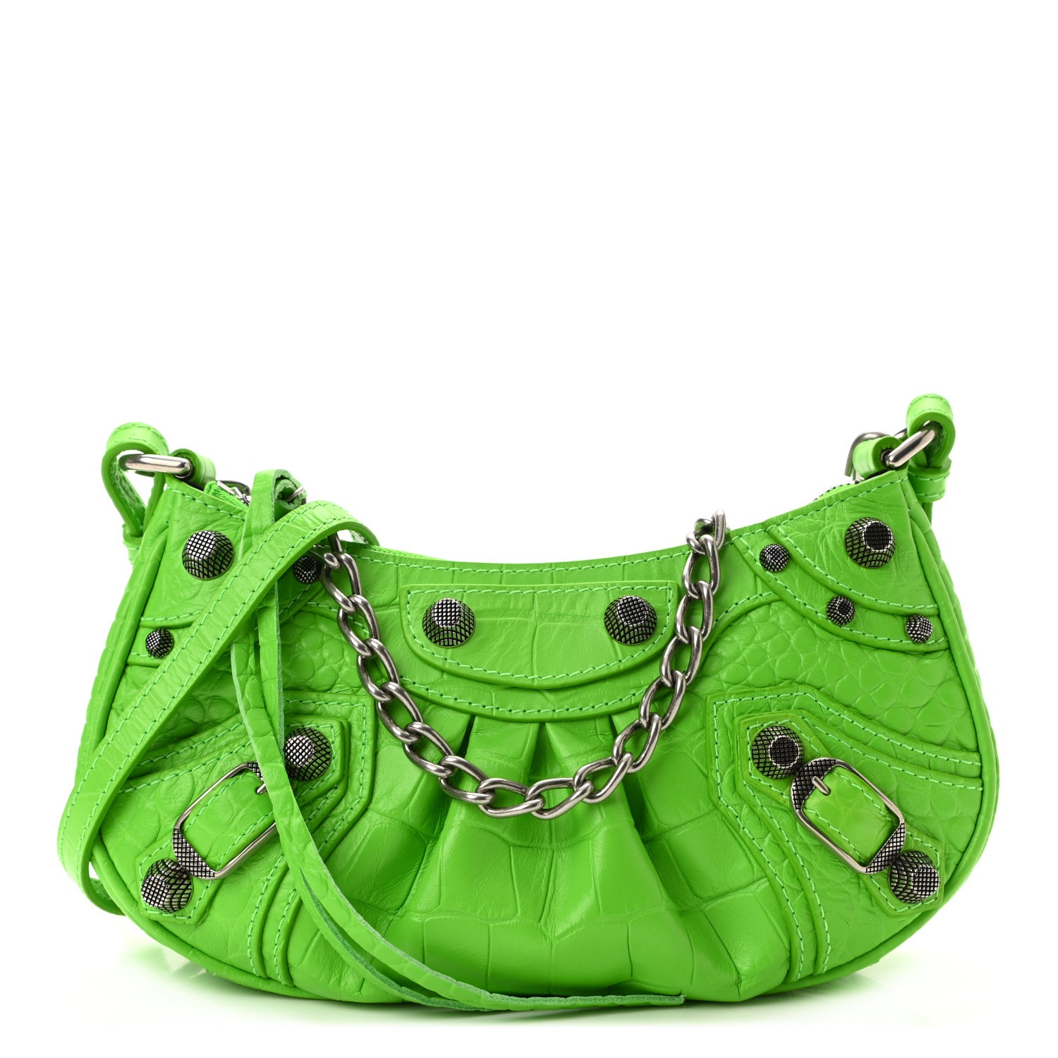 Balenciaga Extra Supple Calfskin Crocodile Embossed Le Cagole Mini Purse With Chain Acid Green 1 of 10
