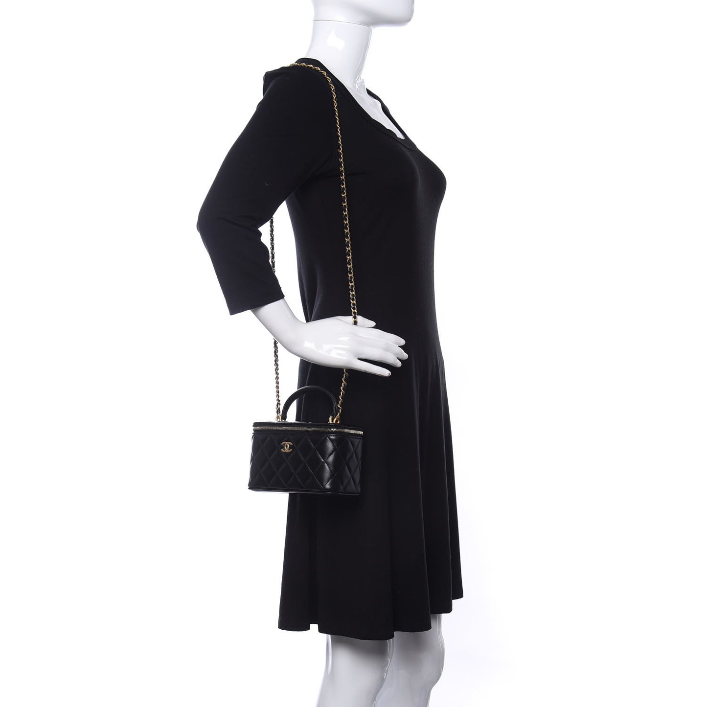 Lambskin Quilted Small Top Handle Vanity Case With Chain Black