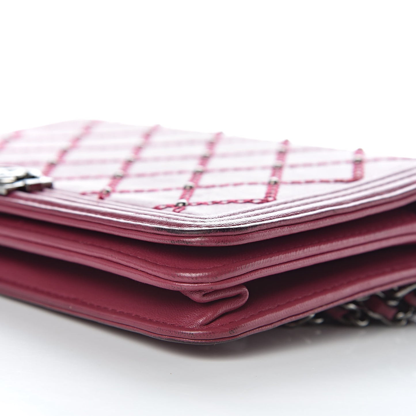 Calfskin Studded Quilted Boy Wallet On Chain WOC Dark Pink