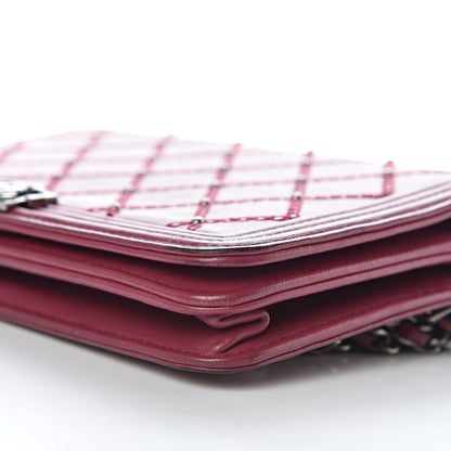 Chanel Calfskin Studded Quilted Boy Wallet On Chain WOC Dark Pink 12 of 22