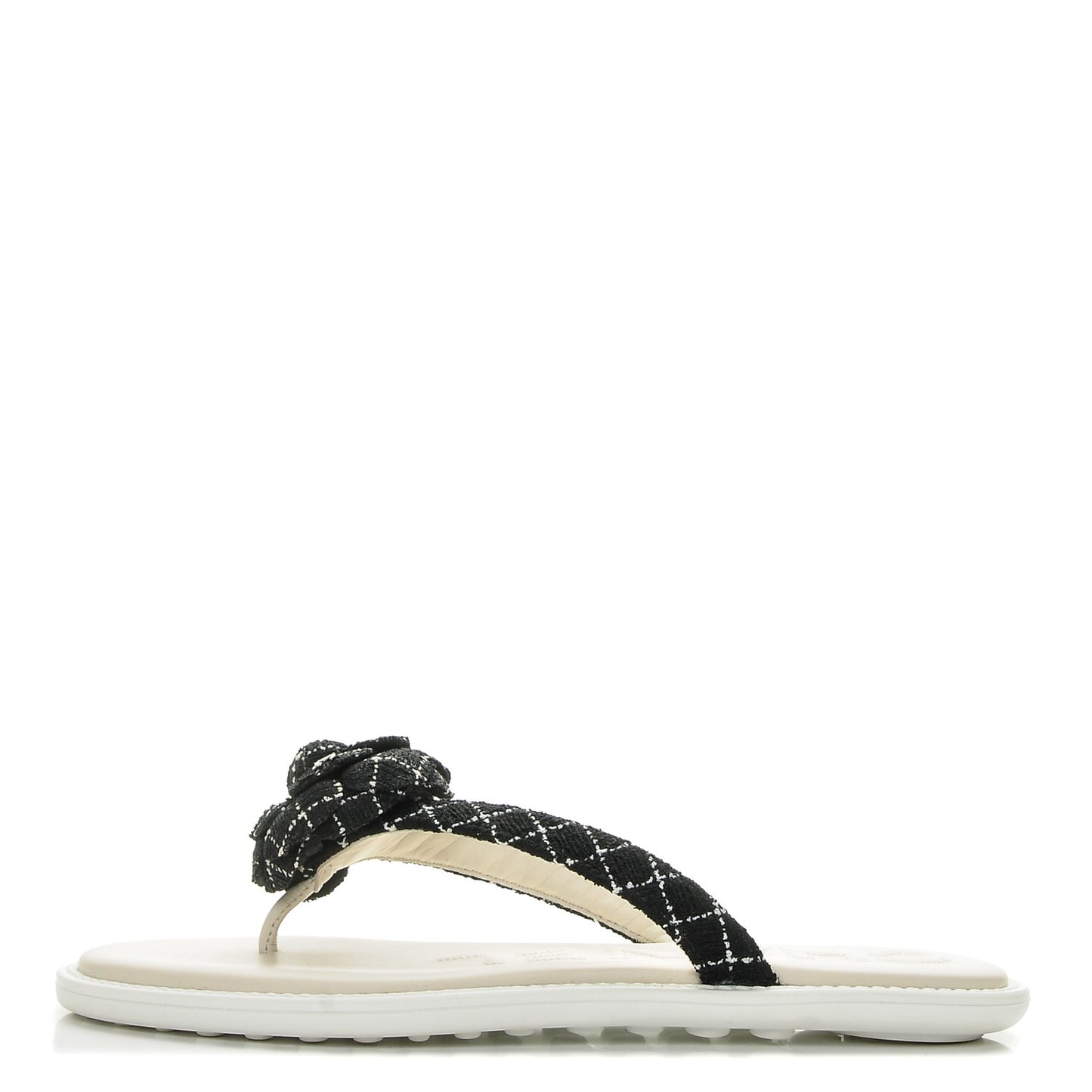 Tweed Quilted Camellia Thong Sandals 39.5 Black White