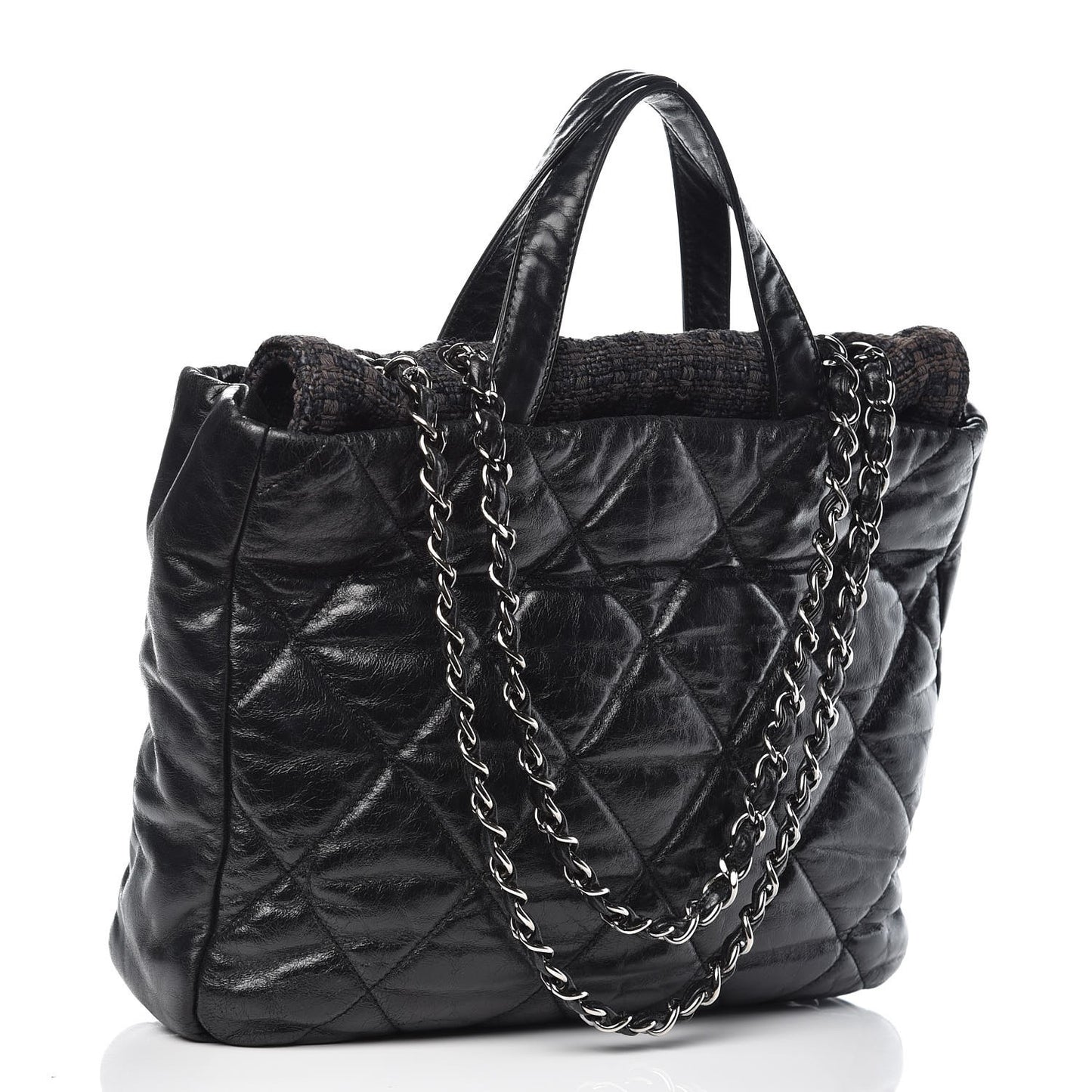 Glazed Calfskin Quilted Tweed Portobello Tote Black