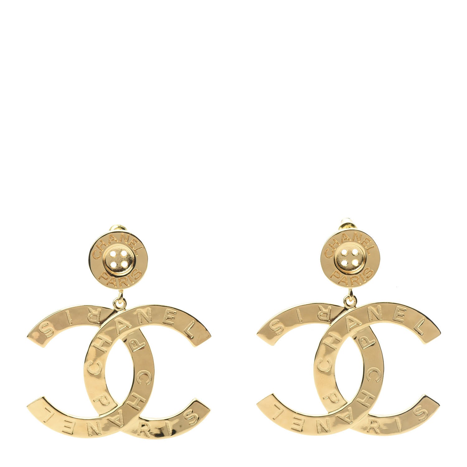 Chanel Metal Large Paris Button Earrings Gold 1 of 5