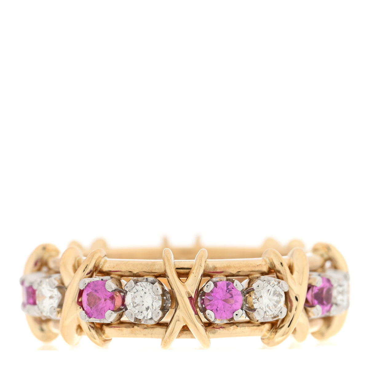 Tiffany 18K Yellow Gold Platinum Diamond Pink Sapphire Schlumberger Sixteen Stone Ring 57 8 3 of 4