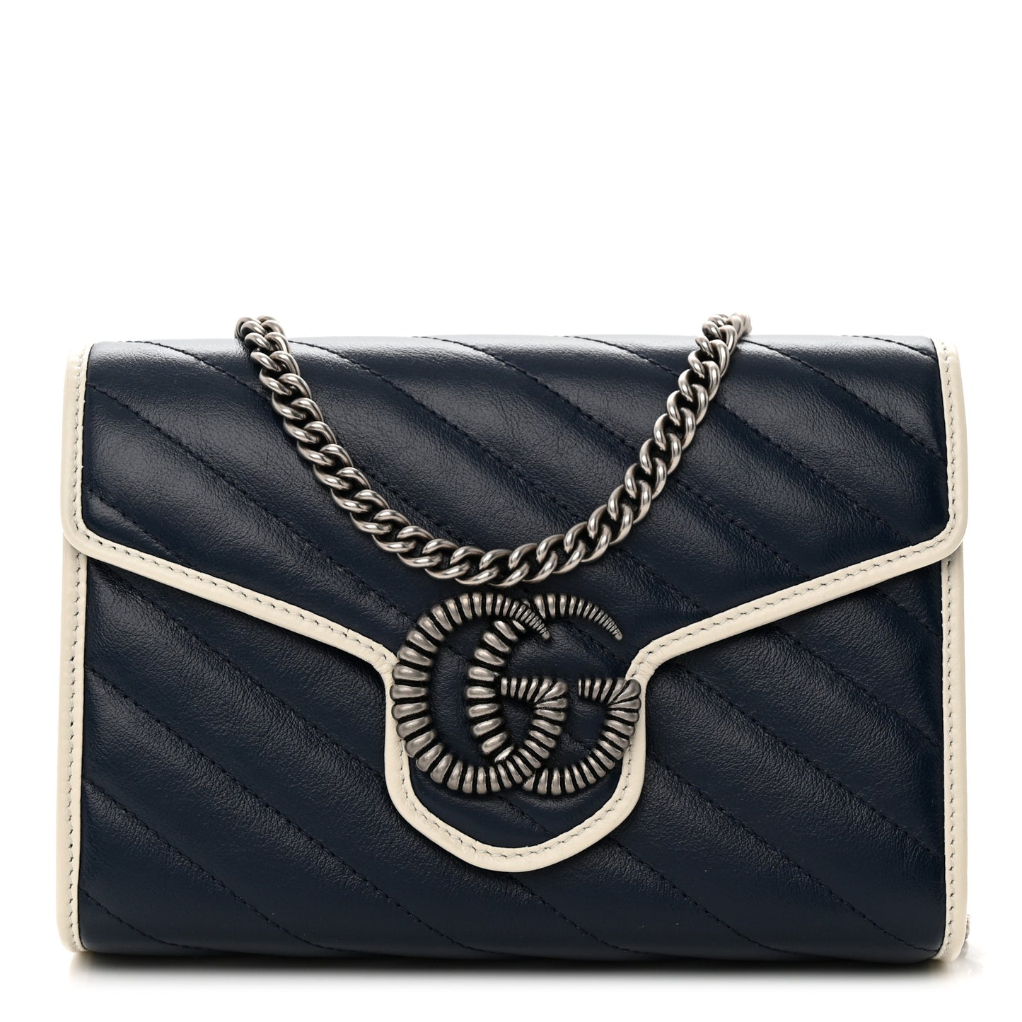 Vintage Effect Calfskin Matelasse Diagonal Torchon GG Marmont Chain Wallet Blue Agata Mystic White