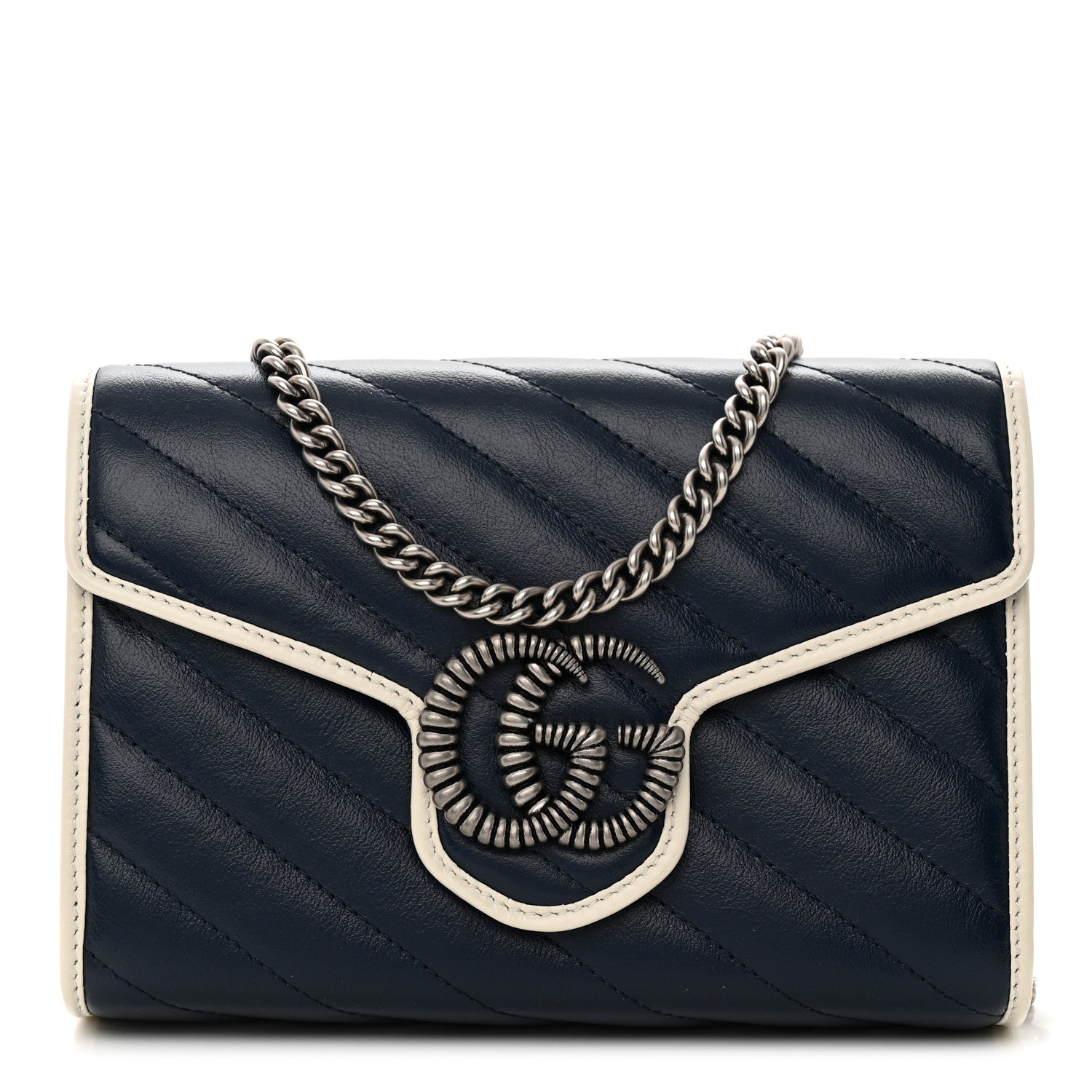 Gucci Vintage Effect Calfskin Matelasse Diagonal Torchon GG Marmont Chain Wallet Blue Agata Mystic White 1 of 10