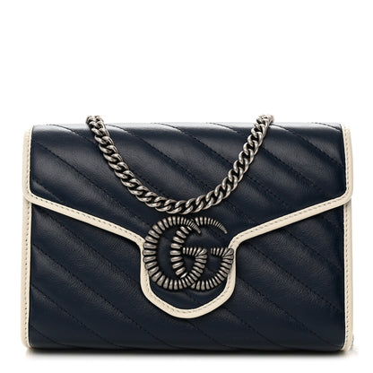 Gucci Vintage Effect Calfskin Matelasse Diagonal Torchon GG Marmont Chain Wallet Blue Agata Mystic White 1 of 10