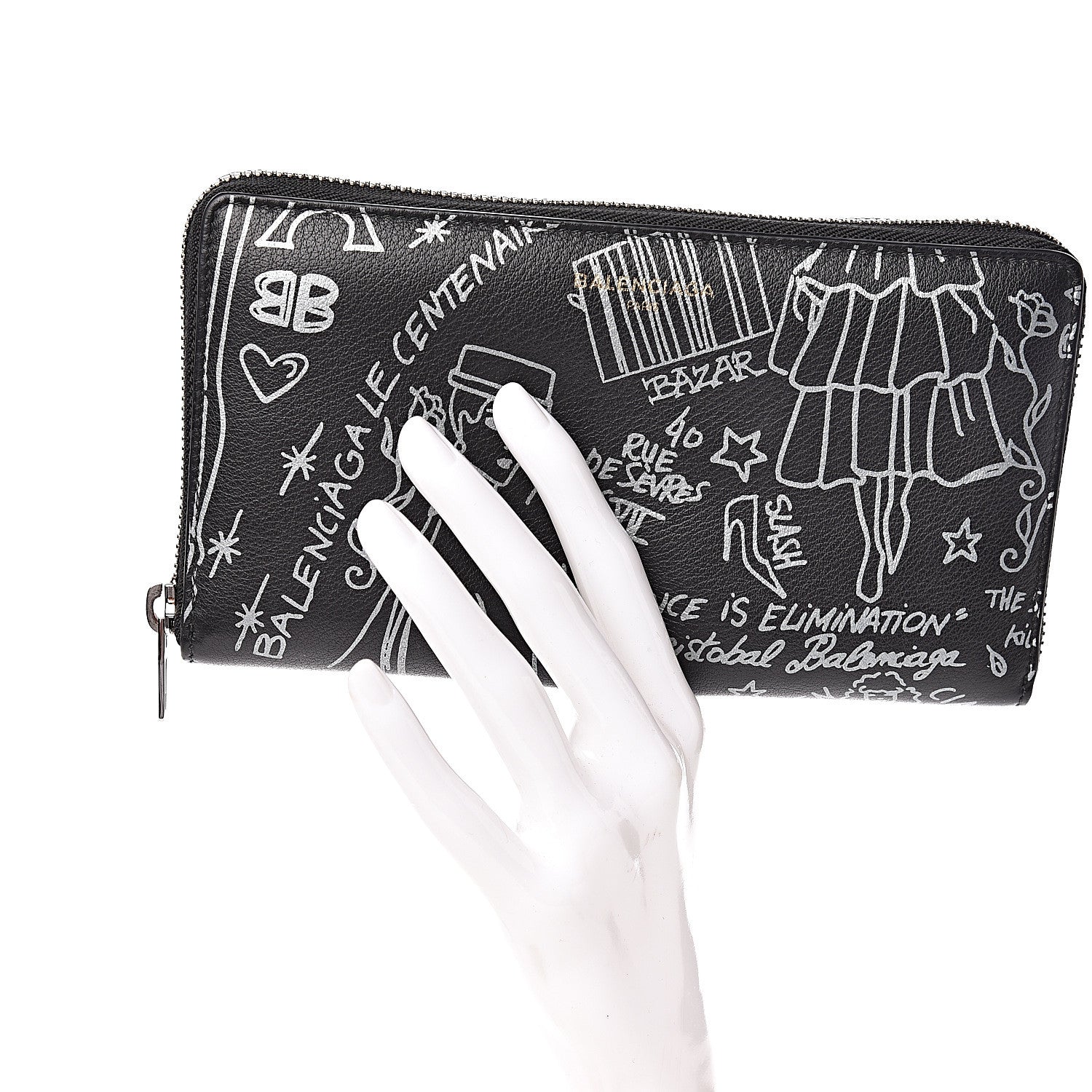 Balenciaga Calfskin Classic Silver Hardware Printed Tattoo Everyday Continental Zip Around Wallet Black 2 of 7
