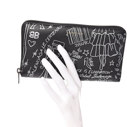 Balenciaga Calfskin Classic Silver Hardware Printed Tattoo Everyday Continental Zip Around Wallet Black 2 of 7