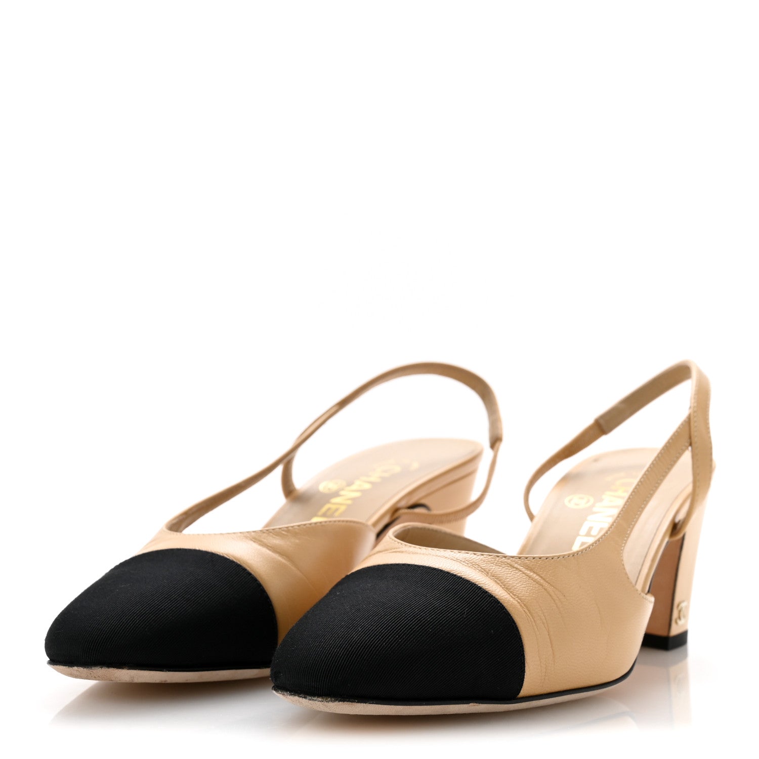 Chanel Goatskin Grosgrain Cap Toe CC Slingback Pumps 38 Beige Black 4 of 10