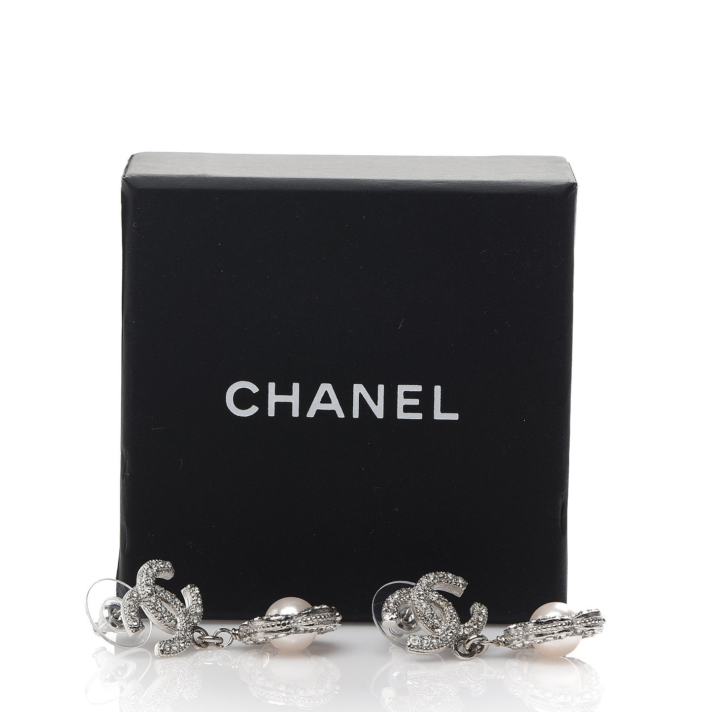 Crystal Pearl Camellia CC Coco Flapper Drop Earrings Silver