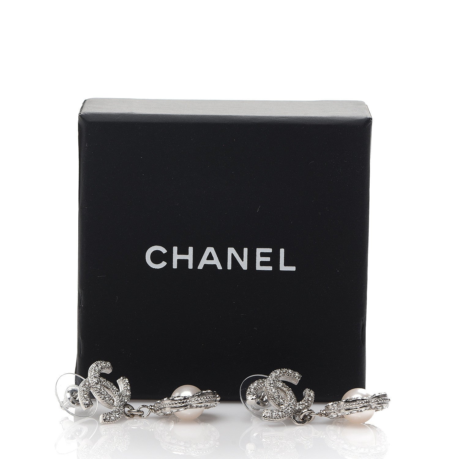 Chanel Crystal Pearl Camellia CC Coco Flapper Drop Earrings Silver 5 of 5
