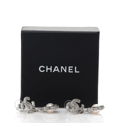 Chanel Crystal Pearl Camellia CC Coco Flapper Drop Earrings Silver 5 of 5