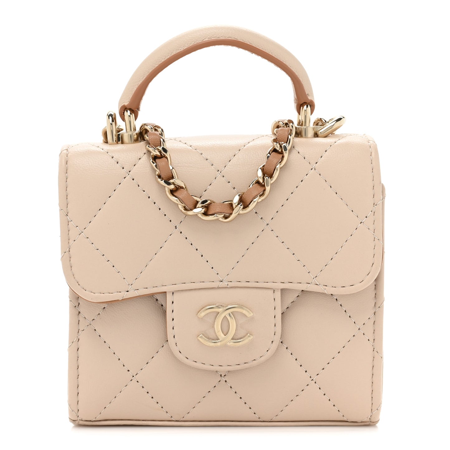 Lambskin Quilted Bi-Color Top Handle Clutch With Chain Beige Brown