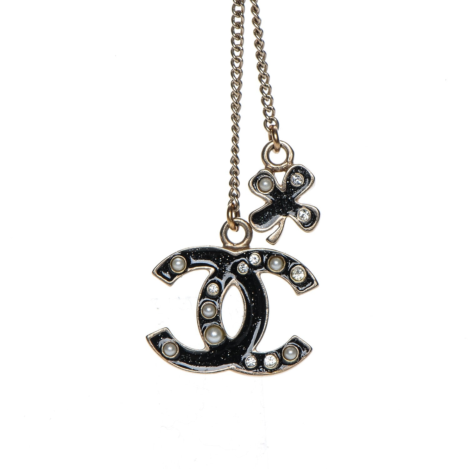 Chanel Enamel Pearl Crystal CC Clover Charm Necklace Black Gold 3 of 6