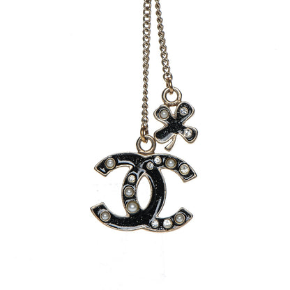 Chanel Enamel Pearl Crystal CC Clover Charm Necklace Black Gold 3 of 6