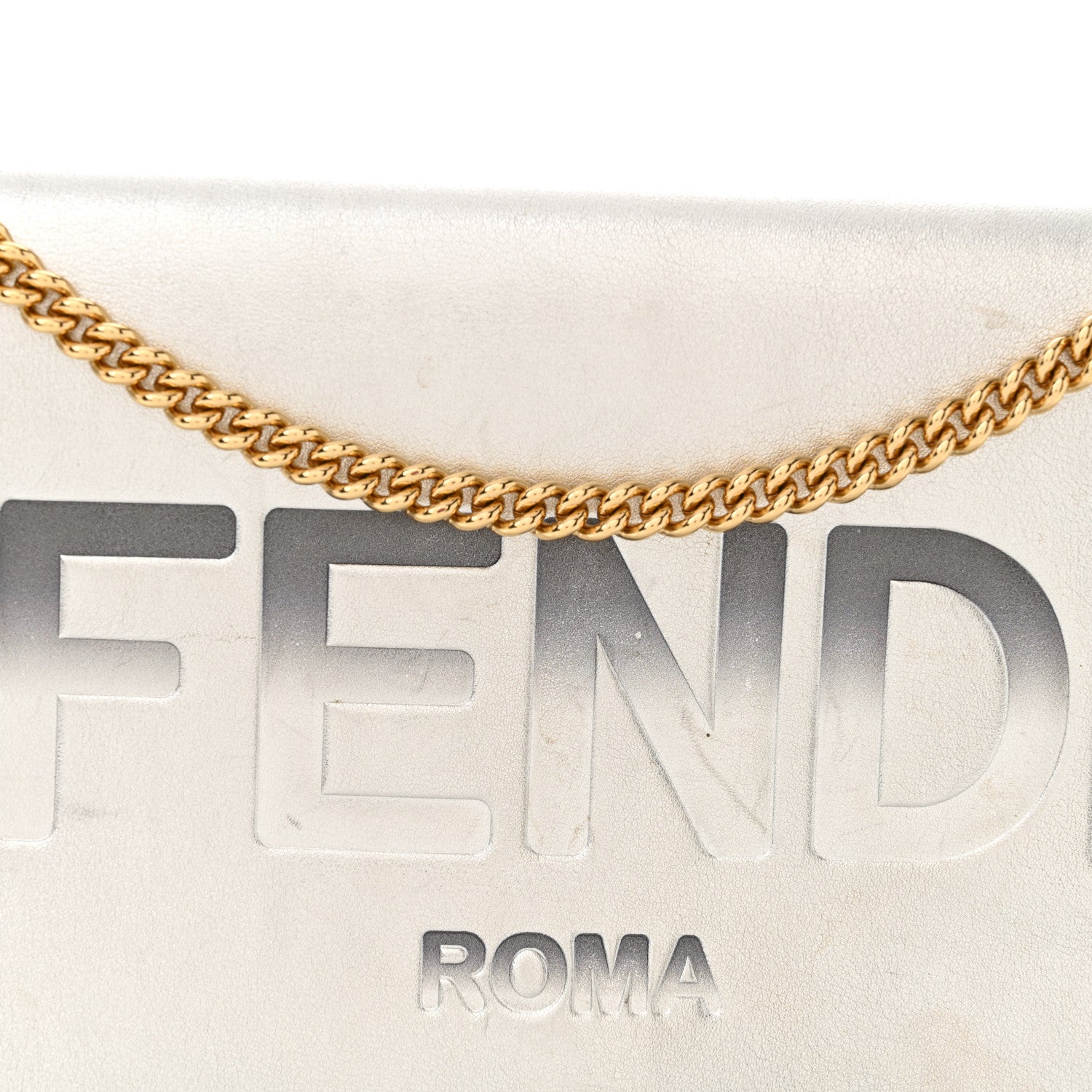 Fendi Vitello Catalan Mirror Logo Embossed Medium Wallet On Chain Argento 9 of 17