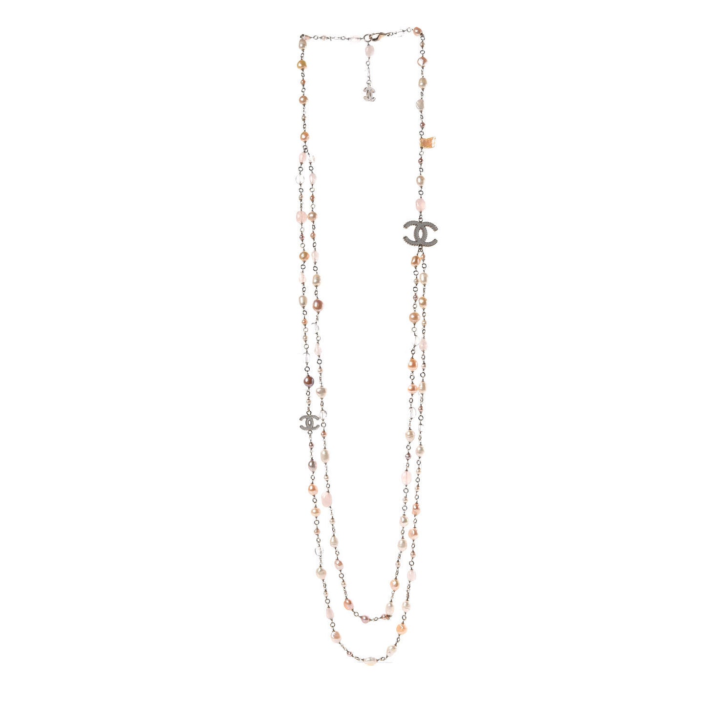 Pearl Beaded CC Long Necklace Pink Gold