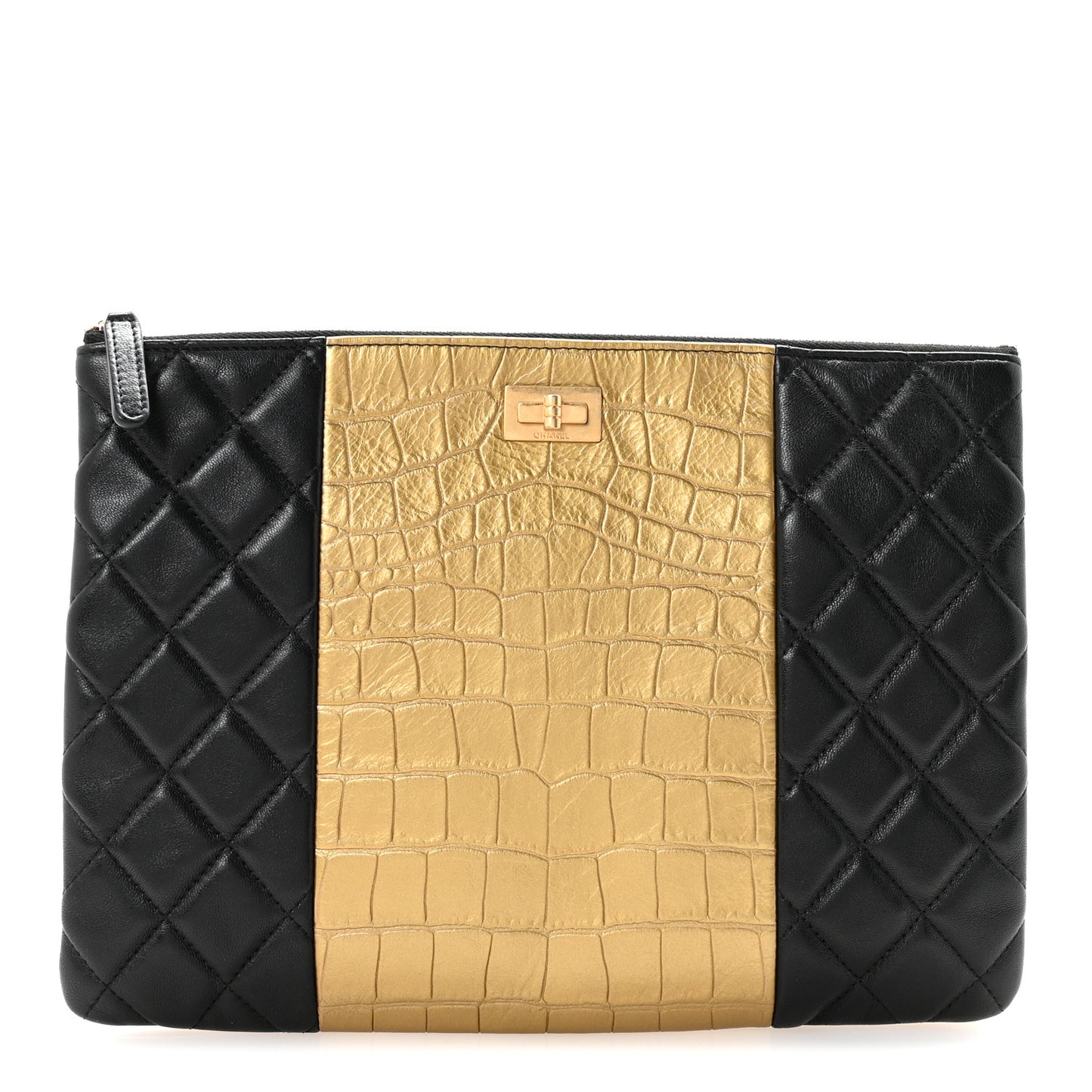 Lambskin Metallic Calfskin Quilted Crocodile Embossed Clutch 2.55 Reissue Cosmetic Case Gold