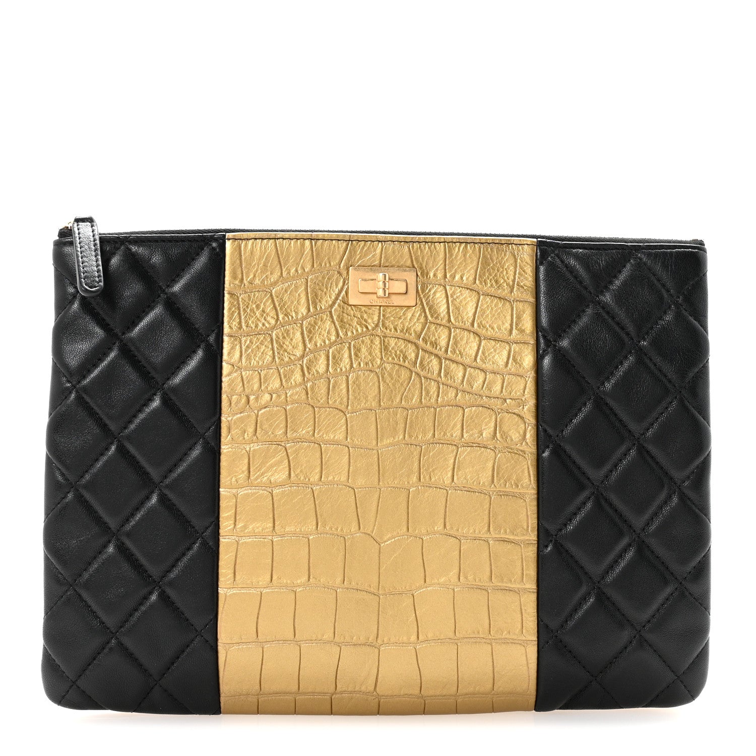 Chanel Lambskin Metallic Calfskin Quilted Crocodile Embossed Clutch 2.55 Reissue Cosmetic Case Gold 1 of 6