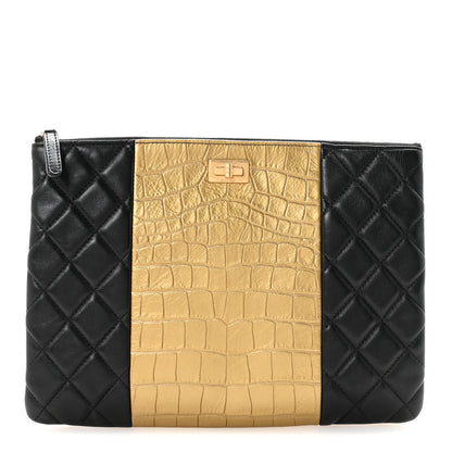 Chanel Lambskin Metallic Calfskin Quilted Crocodile Embossed Clutch 2.55 Reissue Cosmetic Case Gold 1 of 6