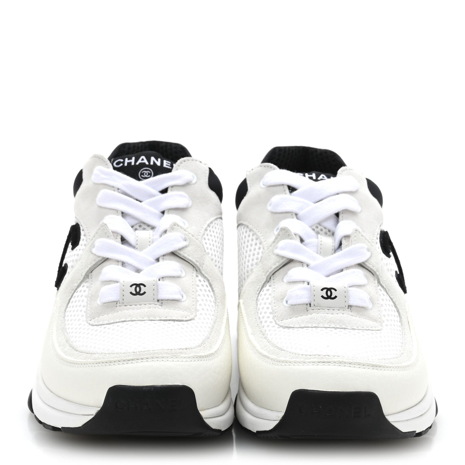 Chanel Mesh Suede Calfskin Grained Calfskin Womens CC Sneakers 37.5 White Black 3 of 8