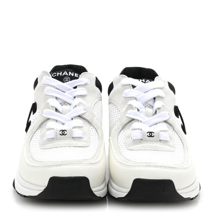 Chanel Mesh Suede Calfskin Grained Calfskin Womens CC Sneakers 37.5 White Black 3 of 8