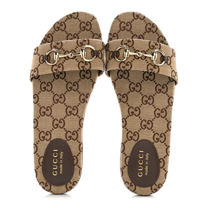 Gucci Monogram Horsebit Slide Sandals 39.5 Camel Ebony 2 of 11