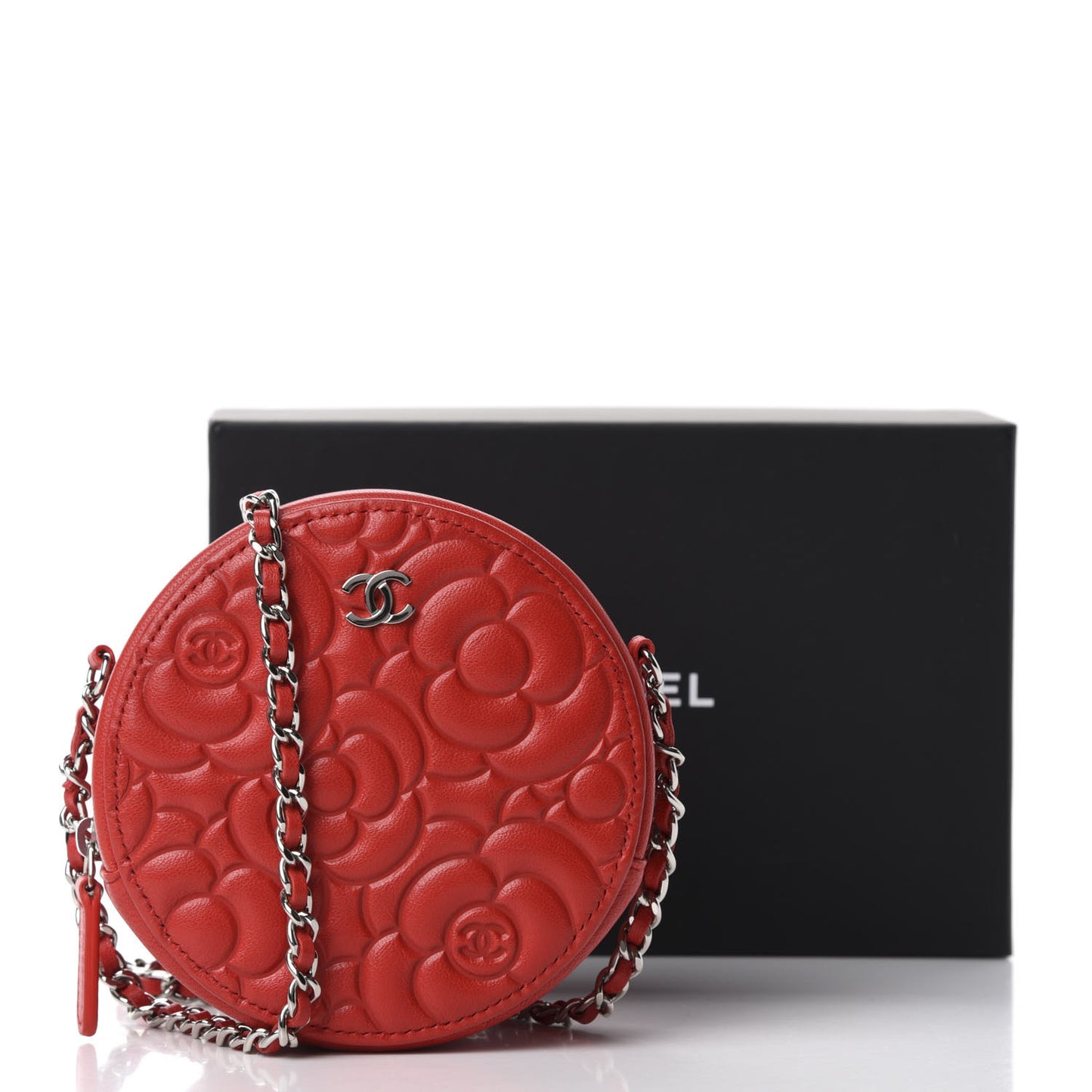 Goatskin Camellia Quilted Round Clutch With Chain Red