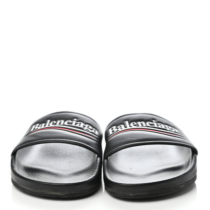 Balenciaga Nappa Political Campaign Logo Womens Pool Slide Sandals 36 Black White Vermillon 2 of 7