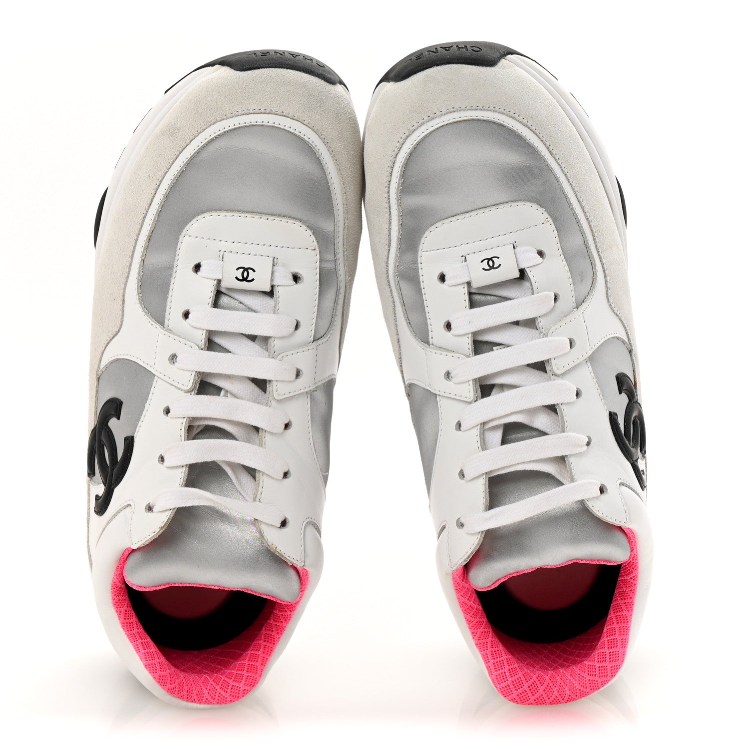 Chanel Calfskin Fabric Sneakers 41 White Silver Fluo Pink 2 of 9
