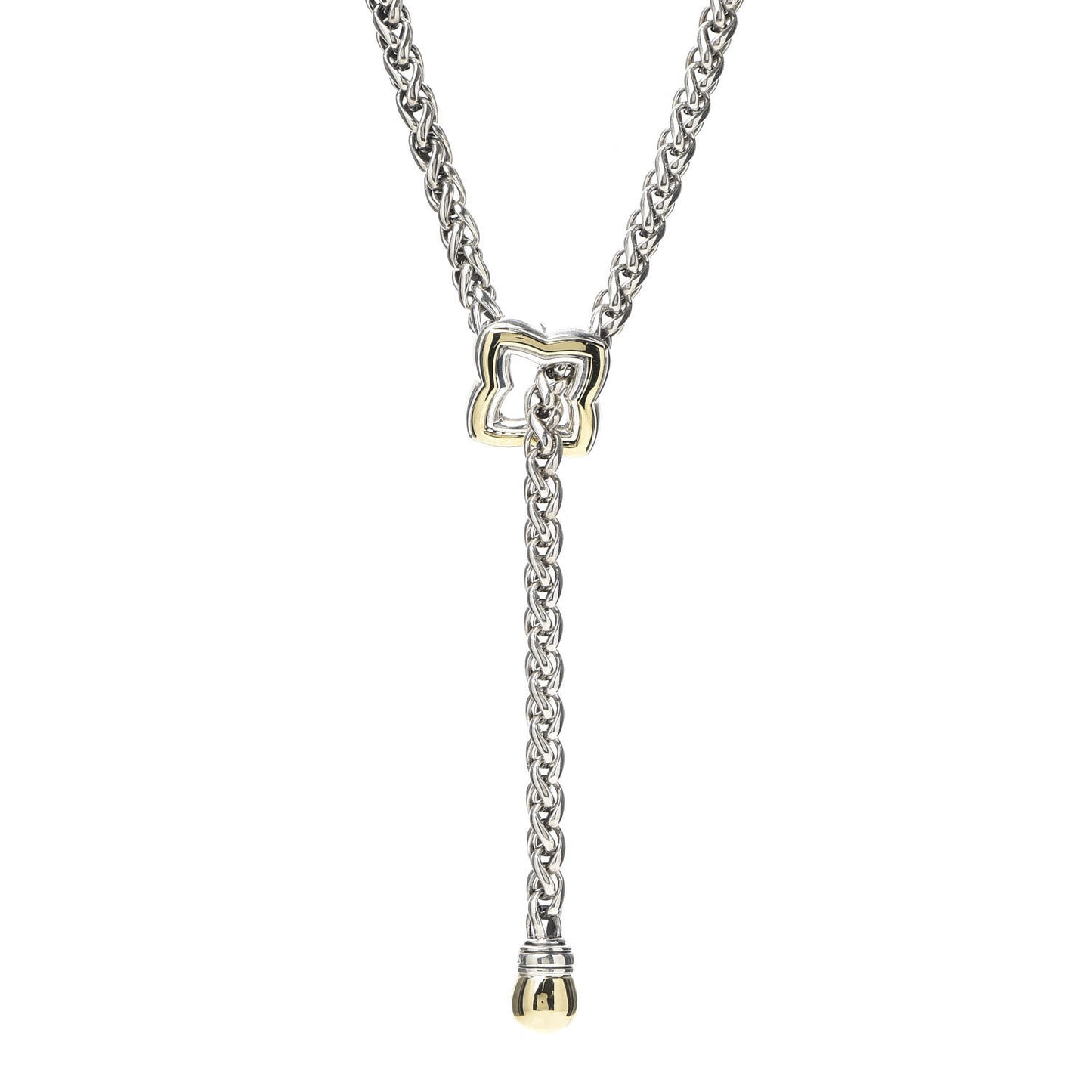 Sterling Silver 18K Yellow Gold Quatrefoil Lariat Wheat Chain Necklace