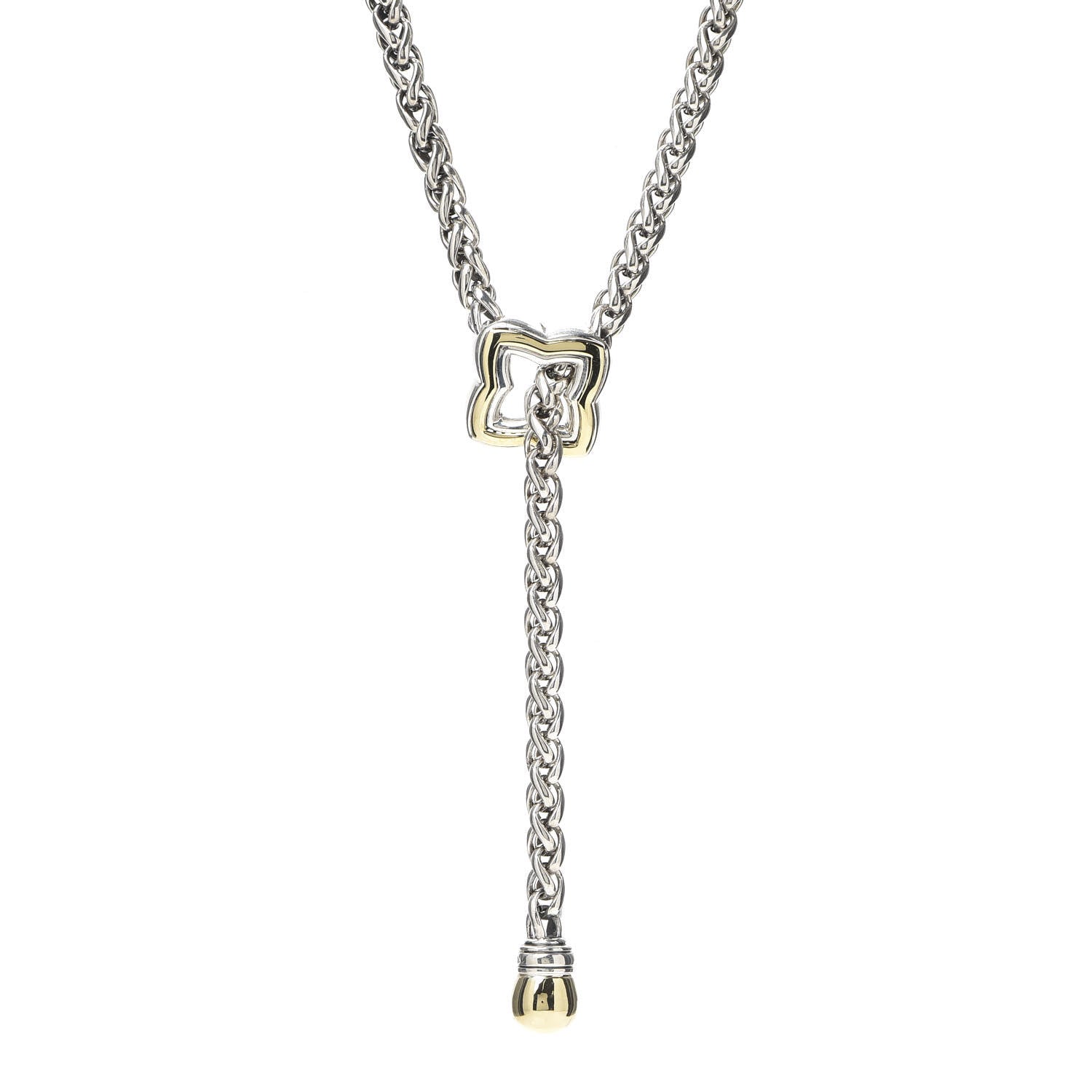 David Yurman Sterling Silver 18K Yellow Gold Quatrefoil Lariat Wheat Chain Necklace 1 of 6