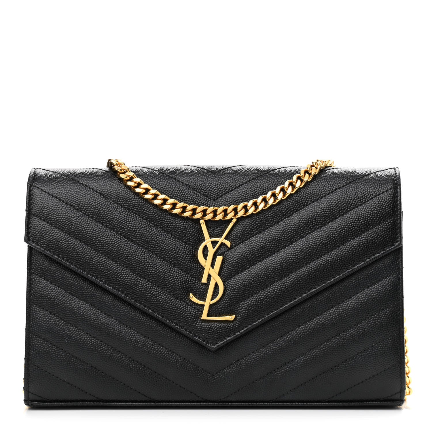 Saint Laurent Grain De Poudre Matelasse Chevron Monogram Chain Wallet Black 1 of 13