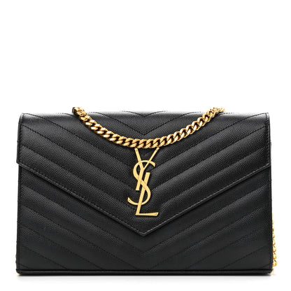 Saint Laurent Grain De Poudre Matelasse Chevron Monogram Chain Wallet Black 1 of 13